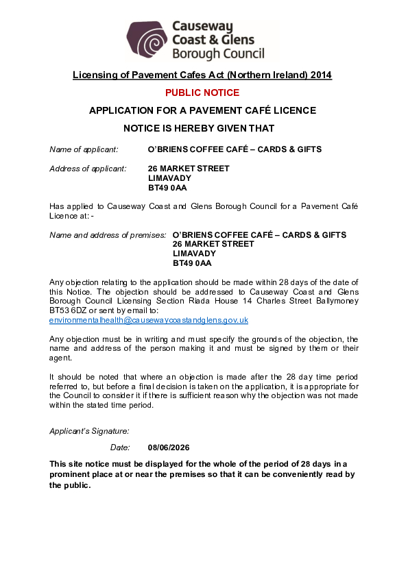 PC44 - O'Briens, 26 Market Street, Limavady, BT49 0AA - Public Notice and Site Plan
