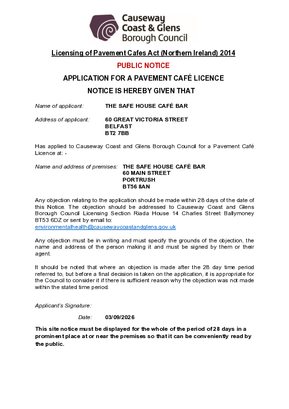PC48 - The Safe House Cafe Bar, 60 Main Street, Portrush, BT56 8AN - Public Notice and Site Plan