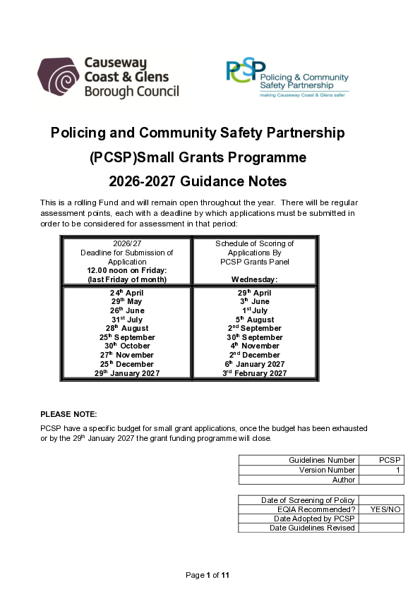 Policing and Community Safety Partnership Small Grants Programme 2026-27 Guidance Notes