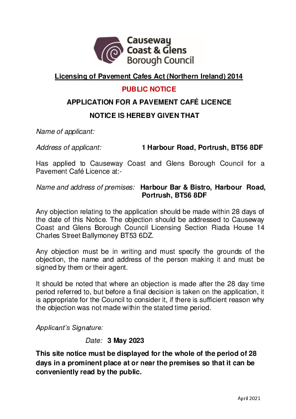 Harbour Bar & Bistro, 1 Harbour Road, Portrush, BT56 8DF (Typed Notice)