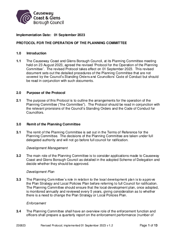 Revised Protocol for the Operation of the Planning Committee 01.09.2023