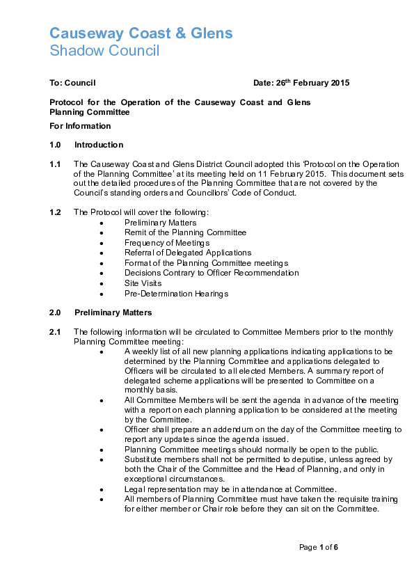 Protocol for the Operation of the Planning Committee 04.04.2015