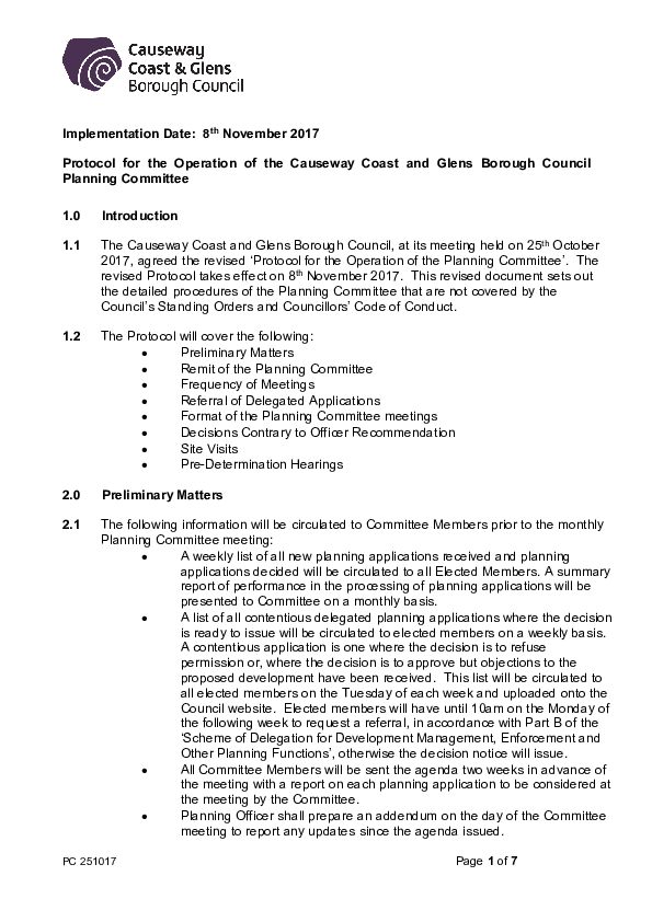 Revised Protocol for the Operation of the Planning Committee 08.11.2017