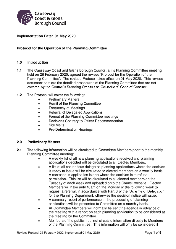 Revised Protocol for the Operation of the Planning Committee 01.5.2020