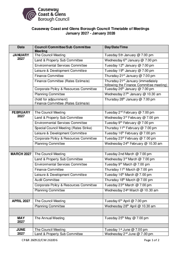 Schedule of Meetings January 2027-January 2028