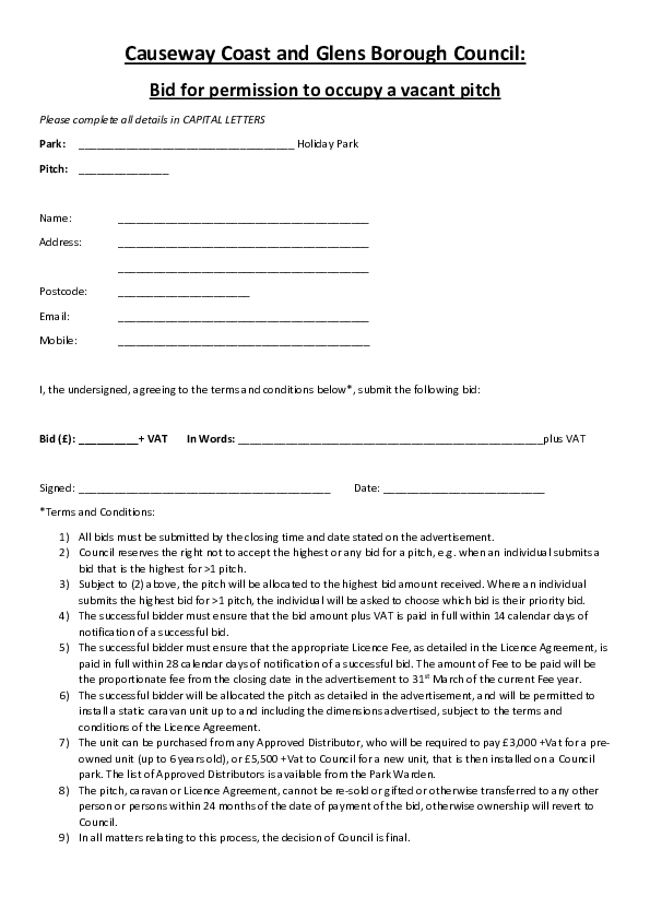 Bid Form for submission for a Vacant Pitch