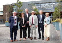 Mayor Oliver McMullan is joined by Economy Minister, Dr Caoimhe Archibald, Finance Minister John O'Dowd, Ulster University Vice Chancellor Professor Paul Bartholomew, Ulster University Pro Vice-Chancellor Research Professor Liam Maguire and Council's Director of Leisure & Development Pat Mulvenna
