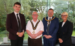 Outgoing Mayor of Causeway Coast and Glens Cllr McQuillan, newly appointed Mayor Cllr Oliver McMullan and newly appointed Deputy Mayor Alderman Richard Stewart, outgoing Deputy Mayor Councillor Tanya Stirling.