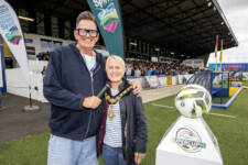 Mayor of Causeway Coast and Glens Borough Council Councillor Dawn Huggins with Alan Simpson, Compere at Coleraine Showgrounds.