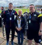 Mayor of Causeway Coast and Glens Borough Council Councillor Dawn Huggins with Tournament Coorddinator Sam Gamble and Pitch Coordinator from Portstewart FC Marc Nicholl.