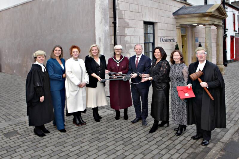 Pictured at the opening of the €7.8m Courthouse Shared Creative Hub in Bushmills are (L-R): Barrister Fiona Bate; Host, Sarah Travers; Linda Sheridan, Assistant Principal, Libraries Development and Community Policy, Department of Rural and Community Development, Ireland; Gina McIntyre, CEO of The Special EU Programmes Body; Councillor Tanya Stirling, Deputy Mayor of Causeway Coast and Glens Borough Council; Communities Minister, Gordon Lyons; Jayne Taggart, CEO of Enterprise Causeway; Frances Lundy, Chair Enterprise Causeway; and Barrister David Bate.