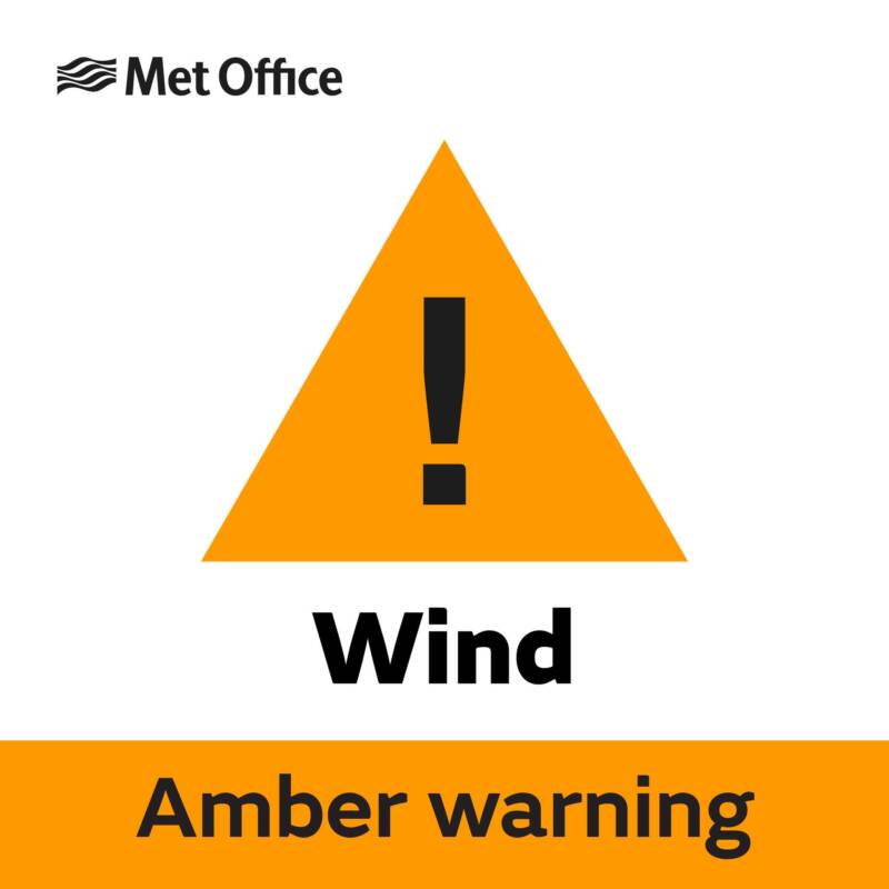 Amber weather warning triangle. Image features the Met Office logo.