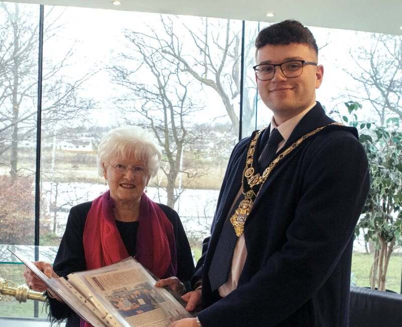 Mayor of Causeway Coast and Glens, Councillor Ciarán McQuillan pictured with RNLI Ballymoney Branch Chairperson, Pat Crossley at a reception in recognition of the groups outstanding fundraising efforts.