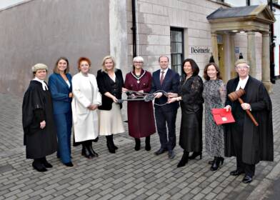 Pictured at the opening of the €7.8m Courthouse Shared Creative Hub in Bushmills are (L-R): Barrister Fiona Bate; Host, Sarah Travers; Linda Sheridan, Assistant Principal, Libraries Development and Community Policy, Department of Rural and Community Development, Ireland; Gina McIntyre, CEO of The Special EU Programmes Body; Councillor Tanya Stirling, Deputy Mayor of Causeway Coast and Glens Borough Council; Communities Minister, Gordon Lyons; Jayne Taggart, CEO of Enterprise Causeway; Frances Lundy, Chair Enterprise Causeway; and Barrister David Bate.