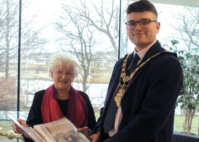 Mayor of Causeway Coast and Glens, Councillor Ciarán McQuillan pictured with RNLI Ballymoney Branch Chairperson, Pat Crossley at a reception in recognition of the groups outstanding fundraising efforts.