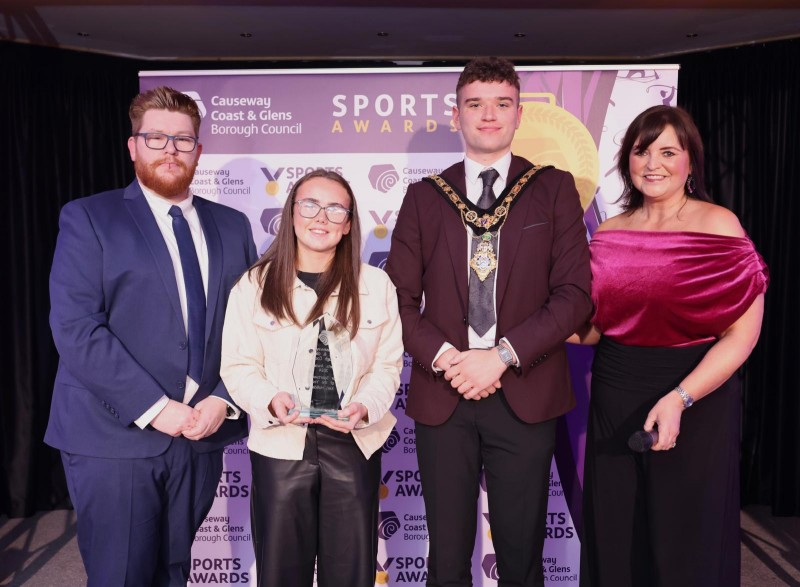 John Walker, representative from award sponsor Vend Digital, with Mayor of Causeway Coast and Glens, Councillor Ciarán McQuillan, Denise Watson and ‘Junior Sportswoman of the Year’ winner Keri Halliday.