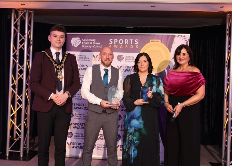 Mayor of Causeway Coast and Glens, Councillor Ciarán McQuillan presenting the ‘Sports Administrator of the Year’ Award on behalf of Causeway Engraving, with Denise Watson and winners Amanda Reid and Mervyn Greer.