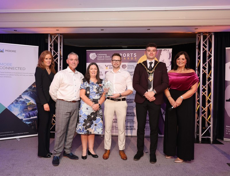 Grace McMullan, representative from award sponsor Causeway Active Life, with Mayor of Causeway Coast and Glens, Councillor Ciarán McQuillan, Denise Watson and ‘Senior Team of the Year’ winner Portrush Bowling Club.