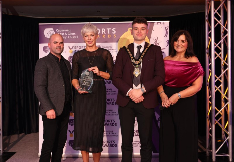 John Turley, representative from award sponsor Turley Legal, with Mayor of Causeway Coast and Glens, Councillor Ciarán McQuillan, Denise Watson and Louise Hutchinson representing ‘Sportswoman of the Year’ winner Ellie Kate Hutchinson.