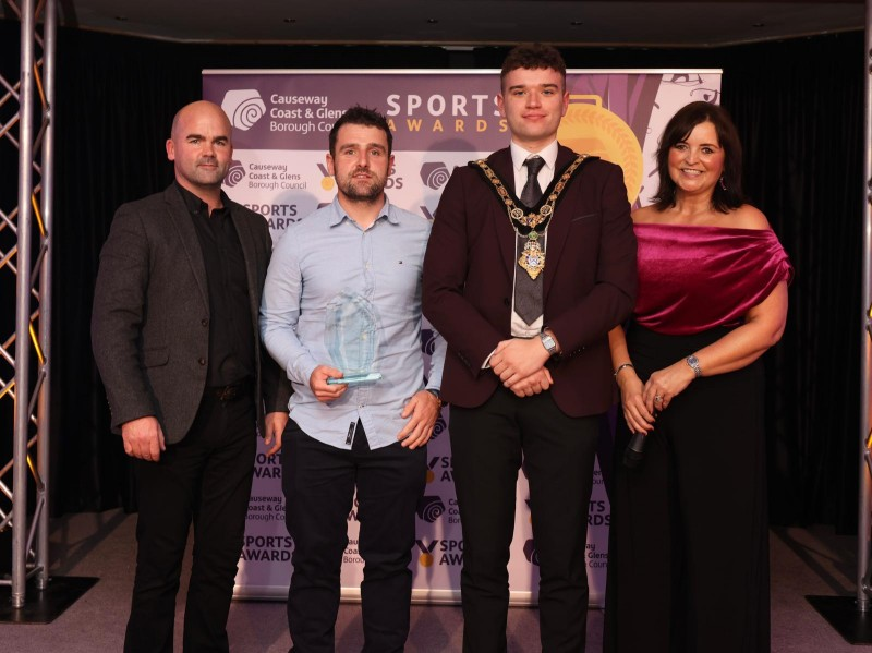 John Turley, representative from award sponsor Turley Legal, with Mayor of Causeway Coast and Glens, Councillor Ciarán McQuillan, Denise Watson and ‘Sportsman of the Year’ winner Michael Dunlop.