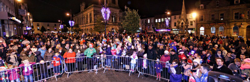 Large crowds at the Diamond in Coleraine waiting for the Switch On of the Christmas Lights.