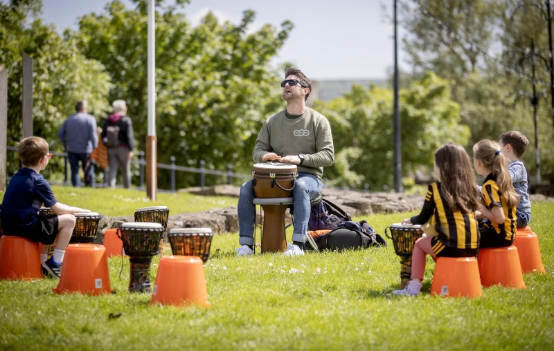 As part of this year’s Rathlin Sound Festival James enthrals children with a drum performance at the Fun With Drums workshop.