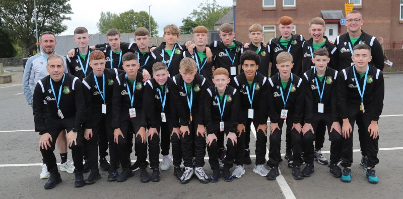 The St. Francis FC team pictured in The Mall car park ahead of the SuperCupNI Welcoming Parade and Opening Ceremony.