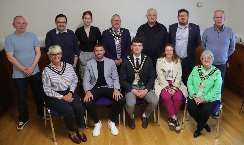 Mayor of Causeway Coast and Glens Councillor Ciarán McQuillan and Deputy Mayor Councillor Tanya Stirling pictured with Councillor Paul Dunlop BEM, Deputy Mayor of Antrim & Newtownabbey, Alderman Beth Adger MBE and special guest Stuart Dallas in Coleraine Town Hall before the SuperCupNI Welcoming Parade. Also in attendance were: (l-r) Councillor Philip Anderson, Councillor Lee Kane, Councillor Amy Mairs, Councillor Steven Callaghan, Alderman Richard Stewart, Councillor John Wisener and Councillor Niamh Archibald.