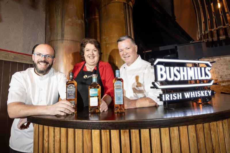 Local chefs Ian Orr, Bushmills Townhouse, Paula McIntyre and Gary Stewart, Tartine at The Distillers Arms pictured at the launch of the 2024 Bushmills Salmon and Whiskey Festival in the Old Bushmills Distillery.