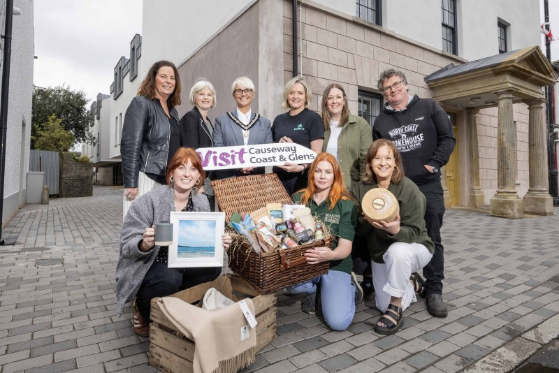 Causeway Coast and Glens Deputy Mayor, Councillor Tanya Stirling pictured at the launch of the 2024 Bushmills Salmon and Whiskey Festival at The Courthouse with (l-r) Jayne Taggart, Enterprise Causeway, Nikki Picken, Bushmills Inn, Wendy Gallagher, Causeway Coast Foodie Tours, Jo Moore, Maegden, Ruairidh Morrison, North Coast Smokehouse, Zoe Jones, The Designerie, Shauna McFall, Seasons of the Glens and Emma Brown, Maegden.