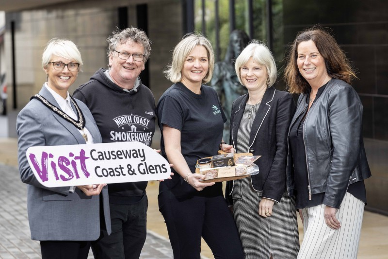 Launching the 2024 Bushmills Salmon & Whiskey Festival at The Courthouse are (l-r) Causeway Coast and Glens Deputy Mayor, Councillor Tanya Stirling, Ruairidh Morrison, North Coast Smokehouse, Wendy Gallagher, Causeway Coast Foodie Tours, Nikki Picken, Bushmills Inn, and Jayne Taggart, Enterprise Causeway.