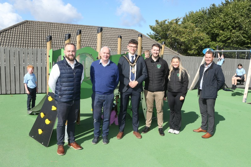 Pictured at the official opening of Greysteel Play Park are (L-R) Lindsay Hutchinson, Project Officer; Councillor Dermot Nicholl; Mayor of Causeway Coast and Glens, Ciarán McQuillan; Ciaran Farren & Jennie McGuinness from Hawthorn Heights (contractor) and Michael O’Brien, Sport & Community Facilities Manager.