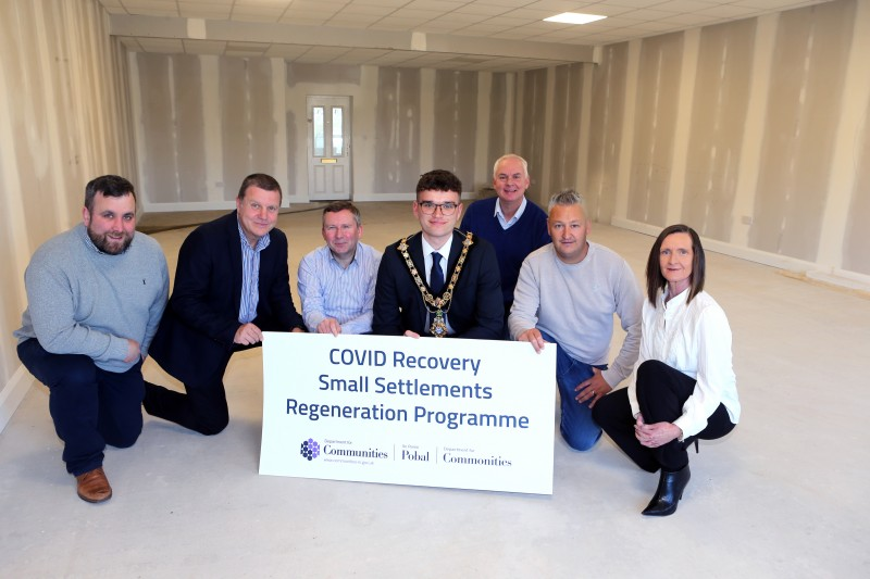 Pictured at the official unveiling of the revamped business unit in Greysteel are (L-R) Columba Mailey, SG Construction; Ian McQuitty, Department for Communities; Garry Caldwell, Funding Support Officer; Mayor of Causeway Coast and Glens, Councillor Ciaran McQuillan; Councillor Dermot Nicholl; Roland Gurney, business unit owner and Rhonda Williamson, Department for Communities.