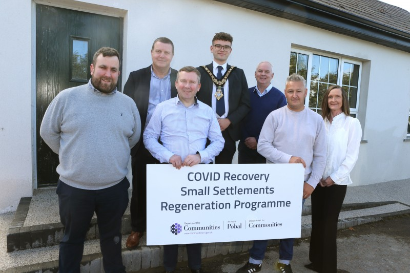 Pictured at the official unveiling of the revamped business unit in Greysteel are (L-R) Columba Mailey, SG Construction; Ian McQuitty, Department for Communities; Garry Caldwell, Funding Support Officer; Mayor of Causeway Coast and Glens, Councillor Ciaran McQuillan; Councillor Dermot Nicholl; Roland Gurney, business unit owner and Rhonda Williamson, Department for Communities.