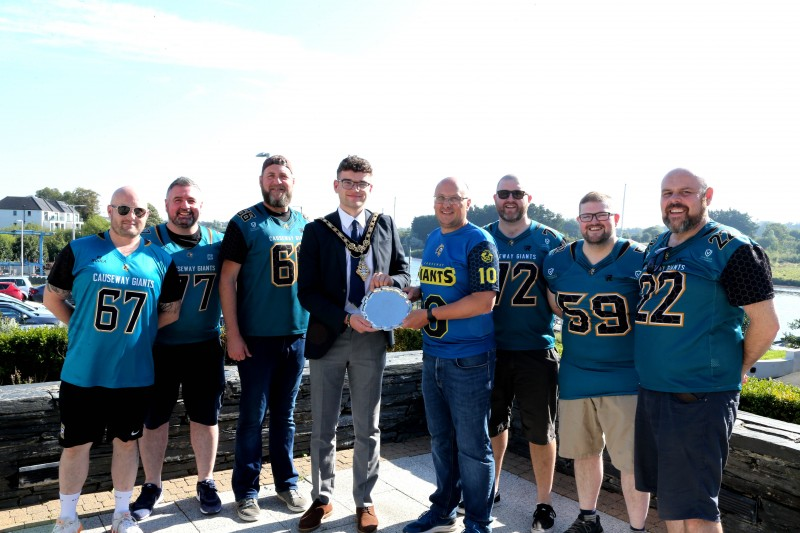 Mayor of Causeway Coast and Glens, Councillor Ciarán McQuillan, has hosted a reception for local American Football team, the Causeway Giants. The team recently achieved the title of AFI Division 1 Plate Champions beating off strong competition from Cill Dara Crusaders at the final match held in July this year.