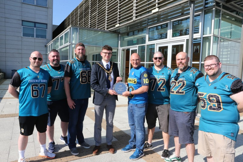 Mayor of Causeway Coast and Glens, Councillor Ciarán McQuillan, has hosted a reception for local American Football team, the Causeway Giants. The team recently achieved the title of AFI Division 1 Plate Champions beating off strong competition from Cill Dara Crusaders at the final match held in July this year.