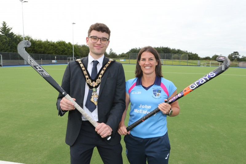 Mayor of Causeway Coast and Glens, Councillor Ciarán McQuillan pictured with Elizabeth Moreland of Ballymoney Hockey Club at the official opening of the upgraded Riada Hockey Pitch.