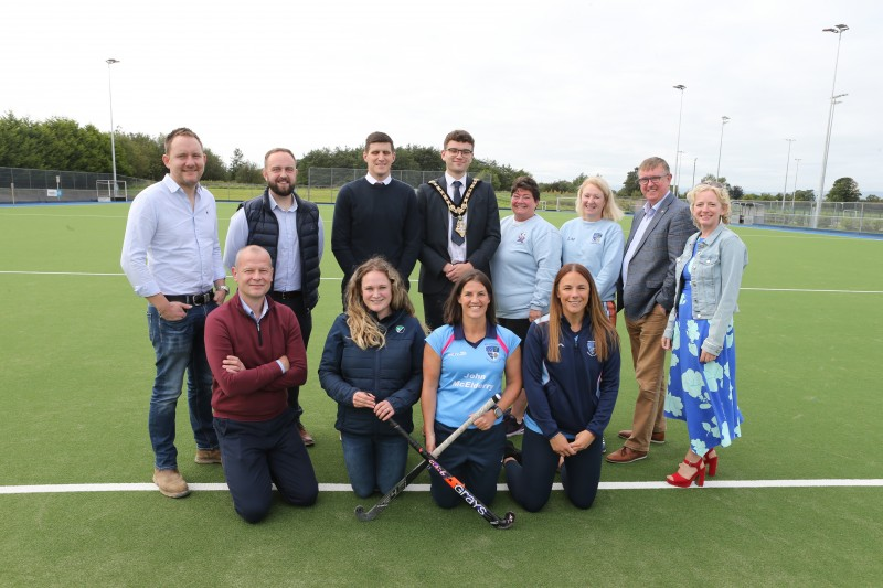 Mayor of Causeway Coast and Glens, Councillor Ciarán McQuillan pictured at the official opening of the upgraded Riada Hockey Pitch alongside (l-r) Jack Salt (Haffeys), Lindsay Hutchinson (Estates Technical Officer), Stuart Burnside (Sport & Community Facilities Manager), Liz Lamont, Lynsey McVicker (both Ballymoney Hockey), Councillor Mervyn Storey, Pat Mulvenna (Director of Leisure & Development), Brian Tohill (General Manager Sport & Wellbeing), Sue Haslam (Hockey Ireland), Elizabeth Moreland and Suzanne Rollins (both Ballymoney Hockey Club).