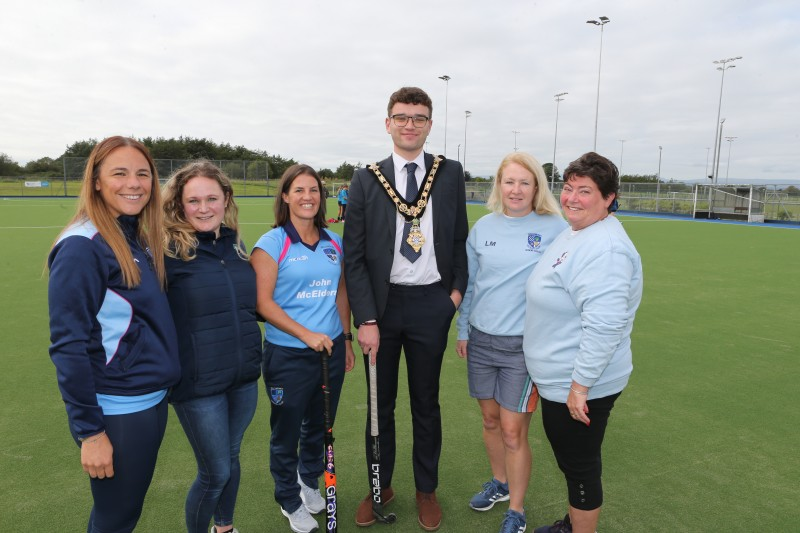 Representatives of Ballymoney Hockey Club at the official opening of the upgraded Riada Hockey Pitch. Pictured with the Mayor of Causeway Coast and Glens, Councillor Ciarán McQuillan are (l-r) Suzanne Rollins, Sue Haslam, Elizabeth Moreland, Lindsey McVicker and Liz Lamont.