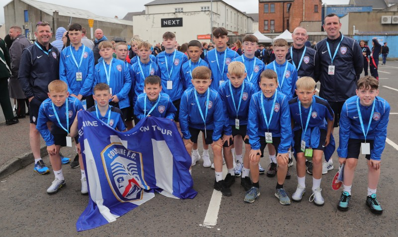 The Coleraine Football Club team pictured in The Mall car park ahead of the SuperCupNI Welcoming Parade and Opening Ceremony.