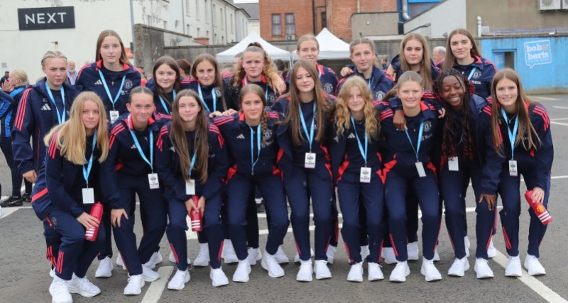 The Manchester United girls team pictured in The Mall car park ahead of the SuperCupNI Welcoming Parade and Opening Ceremony.