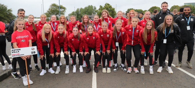 The Aston Villa girls team pictured in The Mall car park ahead of the SuperCupNI Welcoming Parade and Opening Ceremony.