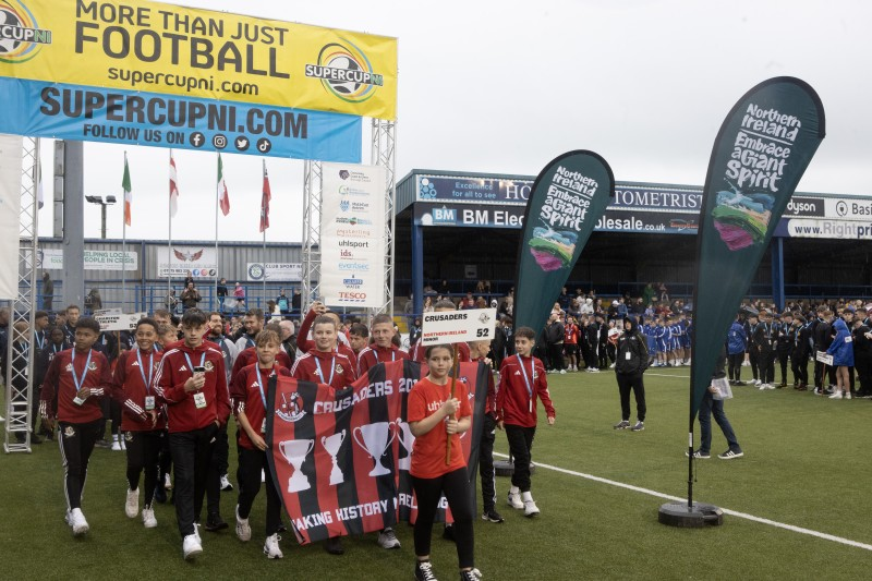 The Crusaders FC team pictured at the SuperCupNI Opening Ceremony in Coleraine Showgrounds.