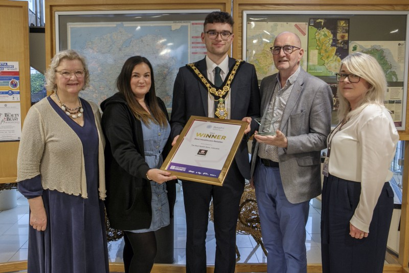 Emma Bolton and Jim Bolton from The Real Health Store Coleraine pictured at the High Street Heros reception alongside Mayor of Causeway Coast and Glens, Councillor Ciarán McQuillan, Geraldine Willis, Town & Village Management and Alderman Yvonne Boyle.