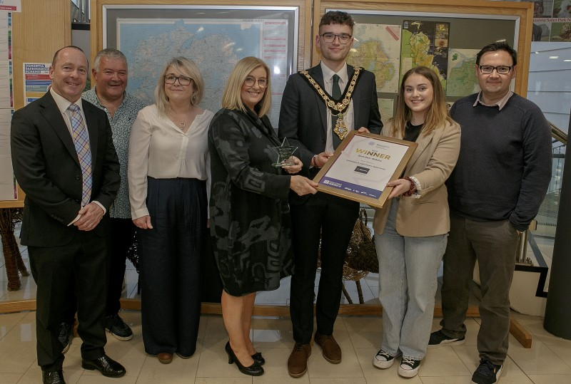 Virgina Elder and Kieva Sinnamon from Sweetness & Light Cakery pictured at the High Street Hero Awards reception alongside Mayor of Causeway Coast and Glens, Councillor Ciarán McQuillan, Councillor Ivor Wallace, Peter McCool, Retail NI and Councillor Lee Kane.