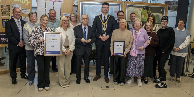 Mayor of Causeway Coast and Glens, Councillor Ciarán McQuillan, along with John and Kathleen Walker and staff with the Best Hardware Certificate & Overall Independent Retailer of the Year Finalists. Included are Peter McCool, Retail NI, Geraldine Willis, Town & Village Management and Councillors Ivor Wallace, Lee Kane and John McAuley.