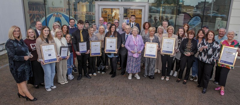 Mayor of Causeway Coast and Glens Councillor Ciarán McQuillan, pictured along with business proprietors, and their staff who were recipients of Awards and Finalists as well as High Street of the Year award winners at a reception in Ballymoney Town Hall. Included are Peter McCook, Retail NI and Geraldine Willis, Town & Village Management and Councillors Ivor Wallace, Lee Kane and John McAuley.