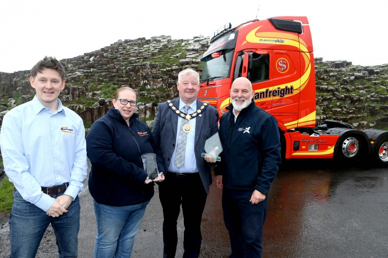 Joanne McCubbin winner of The Higher-Level Apprentice Award 2024 pictured on a May morning at the Giant’s Causeway alongside the former Mayor of Causeway Coast and Glens Councillor Steven Callaghan, and James Duke, Digital Lead, Manfreight Ltd (left) and Council’s Labour Market Partnership Manager, Marc McGerty.