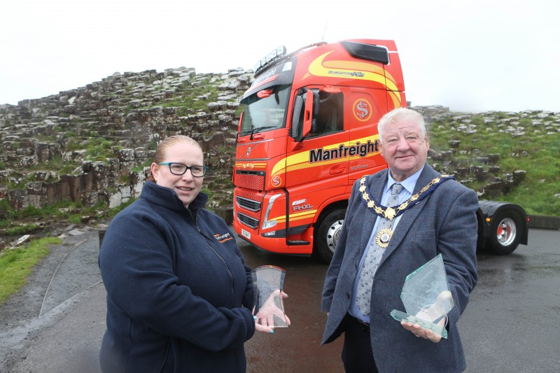 Joanne McCubbin winner of The Higher-Level Apprentice Award 2024 pictured on a May morning at the Giant’s Causeway alongside the former Mayor of Causeway Coast and Glens Councillor Steven Callaghan.
