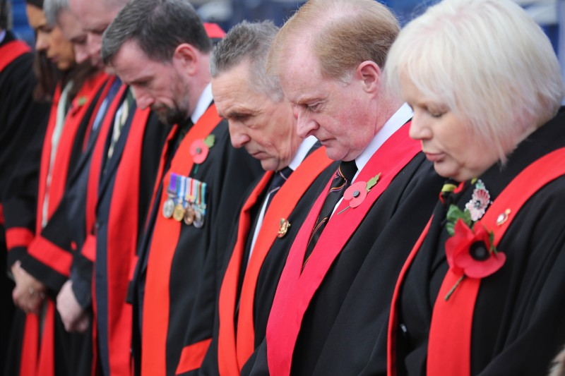 Elected members of Causeway Coast and Glens Borough Council pictured during the two minutes silence at the Armistice Day service in Coleraine.